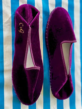 Load image into Gallery viewer, Velvet Venetian Furlane Slippers with Handbroidered Initials - 1 pair with a minimum order of 30 - Pre order now